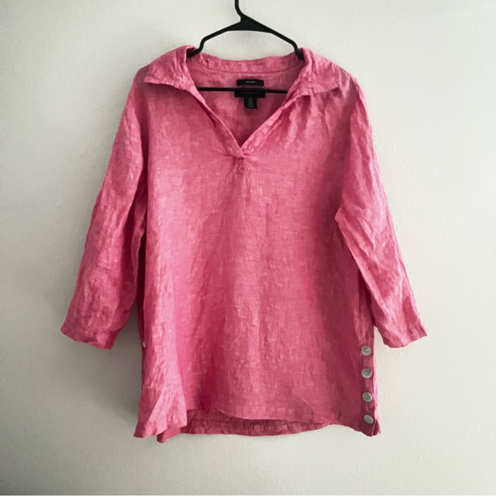 Tahari Linen Pink 3/4 Sleeve Collared V-Neck Pullover Top 1X
